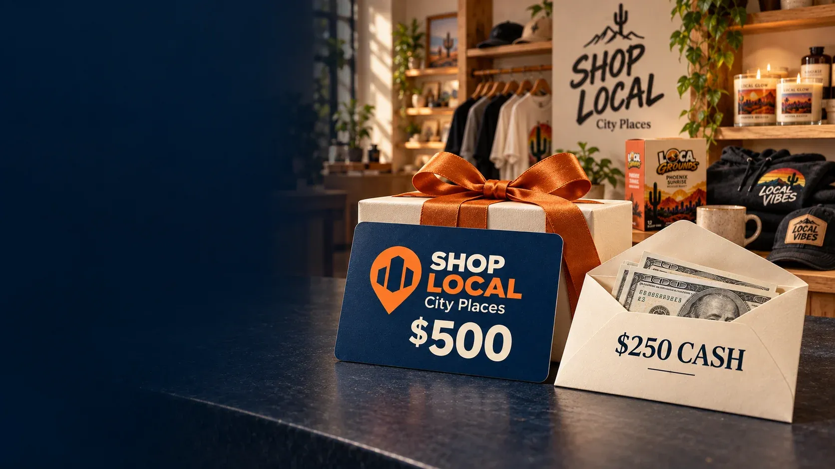 $500 SHOP LOCAL Kansas Places gift card and $250 cash envelope in front of a SHOP LOCAL store and product display.